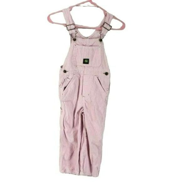 John Deere Girls Vintage Y2K Pink  White Striped Overalls‎ Pants Size 5 - Picture 1 of 6
